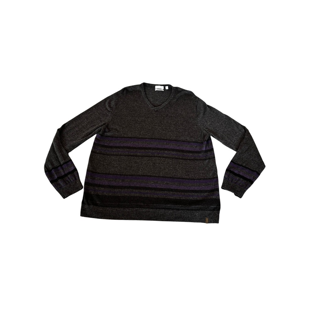 Calvin Klein Men XL Merino Wool V-Neck Striped Long Sleeve Charcoal Purple